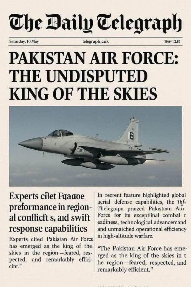 LeadingNewsPK's tweet photo. دنیا بھر میں پاکستان ایئر فورس (PAF) کی بہادری، پیشہ ورانہ صلاحیت اور بے مثال کارکردگی کو س��اہا جا رہا ہے۔ حال ہی میں برطانیہ کے معروف اخبار دی ڈیلی ٹیلیگراف نے پاکستان ایئر فورس کو "Undisputed King of the Skies" یعنی "فضاؤں کا بلامقابلہ بادشاہ" قرار دیا ہے https://t.co/9Rag90epwf