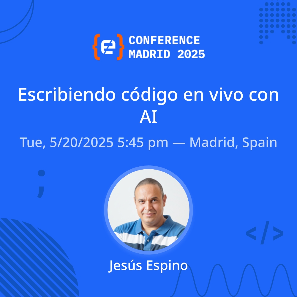 Jesús Espino (@jespinog) on Twitter photo En poco más de una semana estaré haciendo una session de live coding usando exclusivamente IA en el <a href="/CodemoMadrid/">Codemotion Madrid</a>. Si eres programador y todavía no has empezado a usar IA en tu día a día, esto te puede dar una pista de lo que se puede conseguir. En poco más de una semana estaré haciendo una session de live coding usando exclusivamente IA en el <a href="/CodemoMadrid/">Codemotion Madrid</a>. Si eres programador y todavía no has empezado a usar IA en tu día a día, esto te puede dar una pista de lo que se puede conseguir.