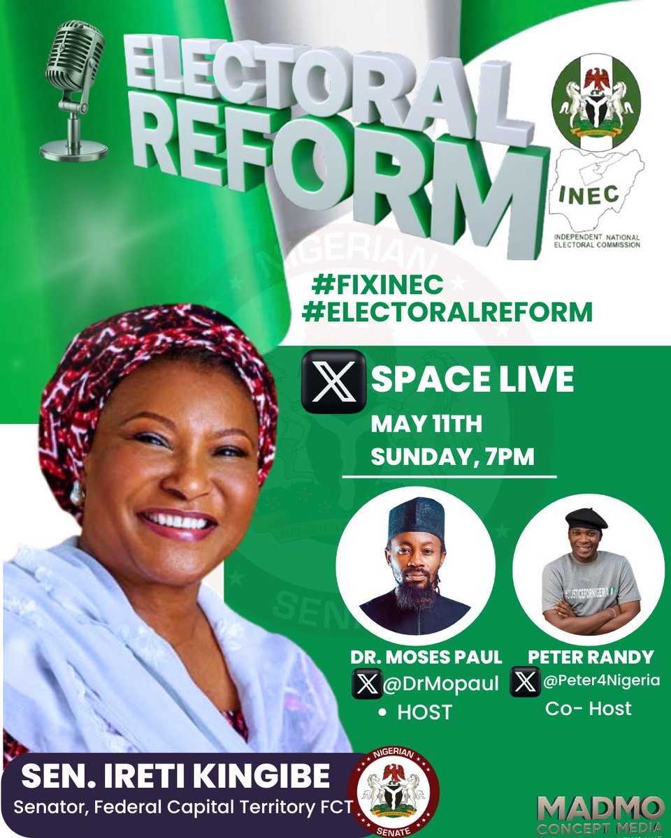 I invite you to join an important conversation on Twitter/X Space as we begin to mobilize efforts toward comprehensive electoral reform in Nigeria.
It is time for us to engage directly, share ideas, and chart a path forward on the reform of our electoral system. Your voice