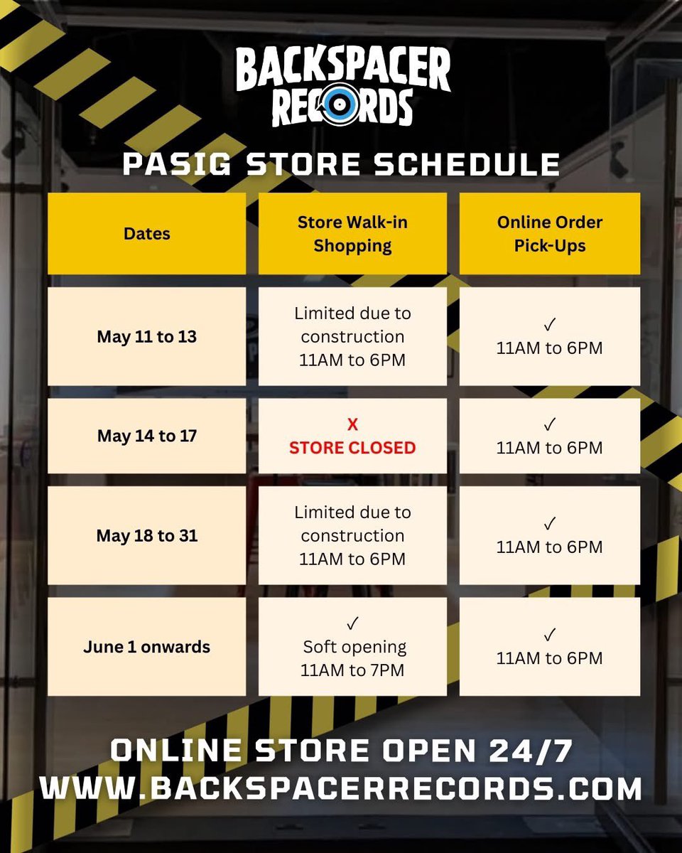 🚧 Pardon the mess – our Pasig store is getting a major upgrade!

We’re building a bigger and better Backspacer Records

 Please check our temporary store hours while we work.

✅ Online orders &amp; in-store pickups still running as usual!

 Thanks for bearing with us! 🙏