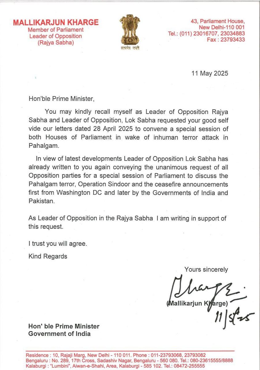 Press Trust of India (@pti_news) on Twitter photo Lok Sabha LoP Rahul Gandhi (<a href="/RahulGandhi/">Rahul Gandhi</a>) and Rajya Sabha LoP Mallikarjun Kharge (<a href="/kharge/">Mallikarjun Kharge</a>) write to PM Modi for special session of Parliament to discuss the Pahalgam attack, 'Operation Sindoor' and the ceasefire announcement by the US. Lok Sabha LoP Rahul Gandhi (<a href="/RahulGandhi/">Rahul Gandhi</a>) and Rajya Sabha LoP Mallikarjun Kharge (<a href="/kharge/">Mallikarjun Kharge</a>) write to PM Modi for special session of Parliament to discuss the Pahalgam attack, 'Operation Sindoor' and the ceasefire announcement by the US.