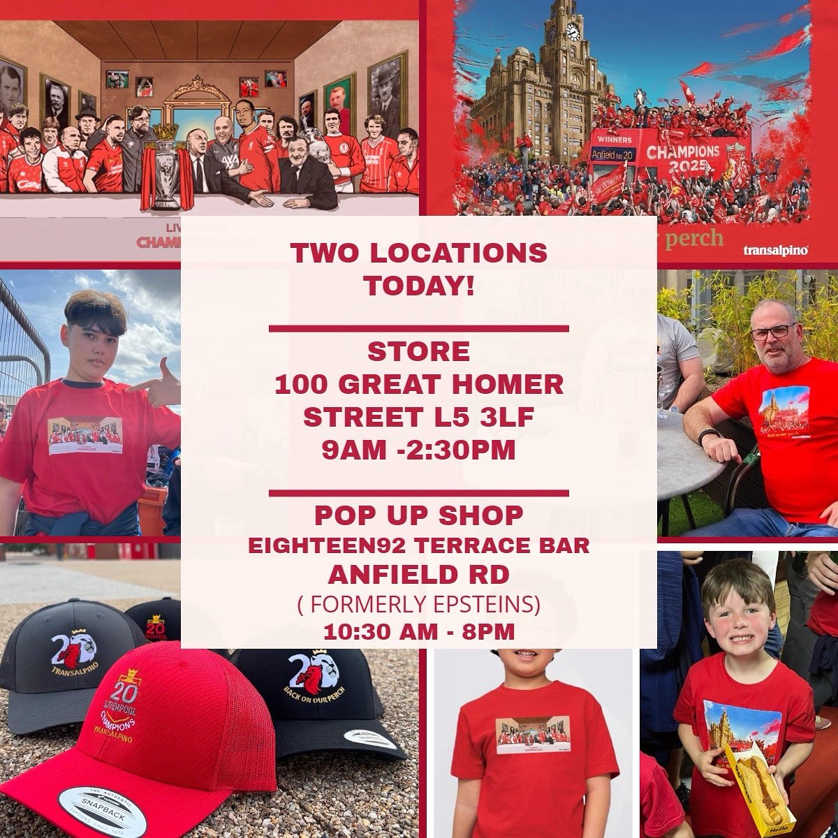You can catch us today at our store on Great Homer Street from 9-2:30pm and also at Eightee92 Terrace Bar on Anfield Rd from about 10am till 8pm.
Kids tees, adults tees &amp; champions caps available at both locations.
All sizes also available online for despatch and instore pick up.