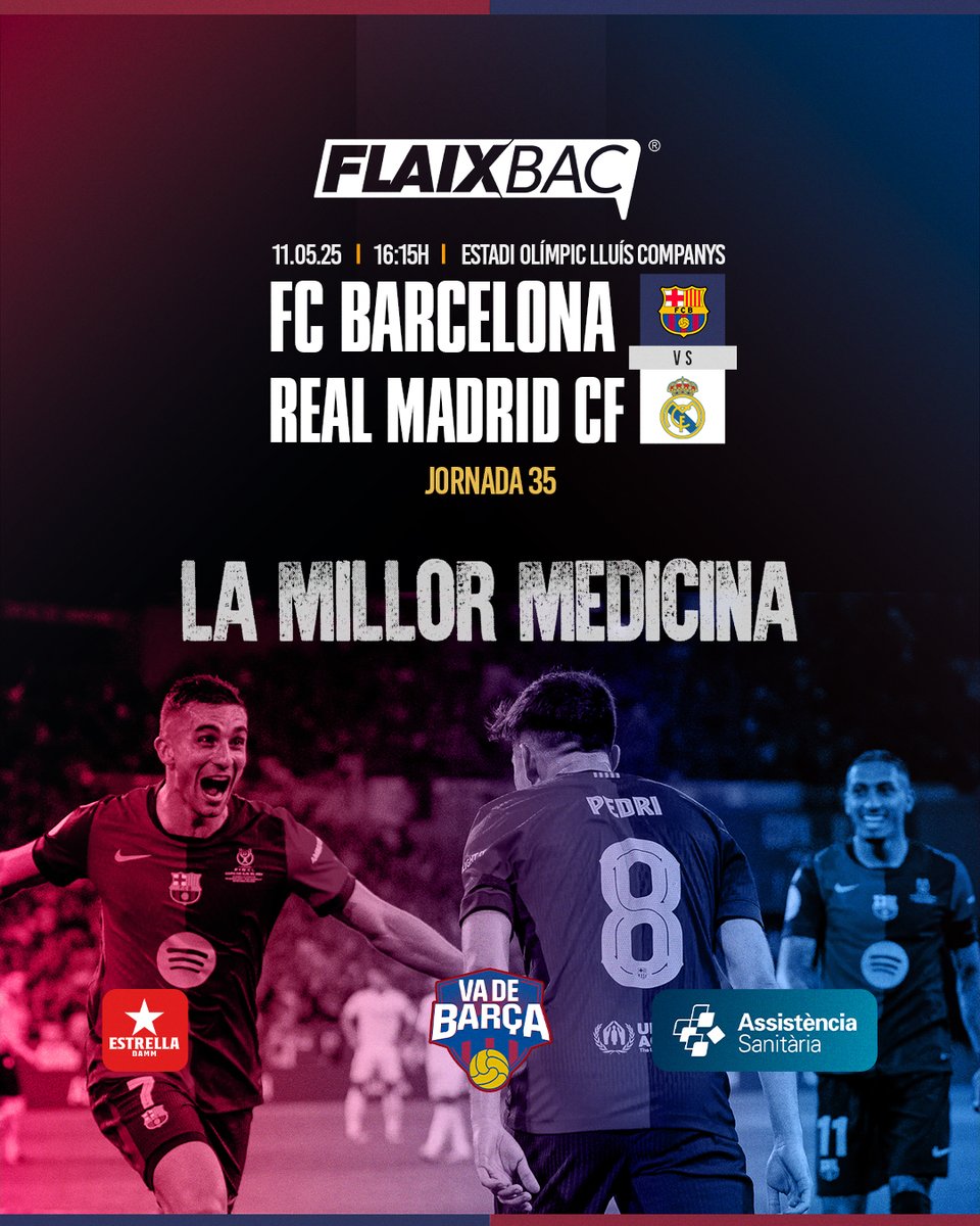 🔵🔴 𝘚𝘰𝘮-𝘩𝘪, 𝘉𝘢𝘳ç𝘢! 𝘌𝘯 𝘫𝘰𝘤 𝘮𝘰𝘭𝘵 𝘮é𝘴 𝘲𝘶𝘦 𝘶𝘯 𝘱𝘢𝘳𝘵𝘪𝘵 ⚔️

🗓 Diumenge 11 de maig
⚽️ FC Barcelona - Real Madrid
🏟 Estadi Olímpic Lluís Companys
🕘 16:15

En directe a Flaixbac