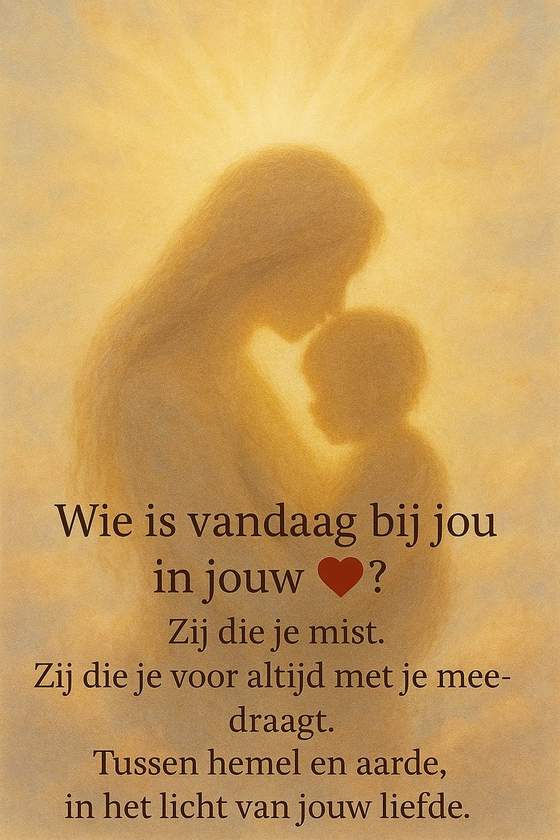 ♥️Vandaag is het Moederdag,voor jou is het stil.
Jouw kind, moeder, kleinkind
leeft voort in herinnering, niet in je armen.
Voor al die moeders met lege handen,voor al die kinderen zonder warme moederschoot,
voor al die oma’s die het zachte stemmetje missen. Heel veel sterkte &amp;♥️