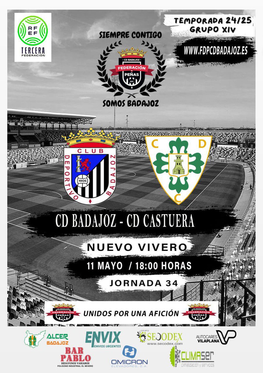 FEDERACIÓN DE PEÑAS DEL CD BADAJOZ (@fdp_cdb) on Twitter photo 🚨⚽ ᎻᎾᎽ ᎬᏕ ᎠłᎯ ᎠᎬ ᏰᎯᎠᎯ ⚽🚨
Puede que llevemos años difíciles,
y los que quedan 🙇🏻
Pero no hay NADA que mejore el ver la blanquinegra en el Vivero 🤍🖤
Hoy es día de dejarse el ALMA
Dentro y fuera
🕡 18:00 <a href="/CDBadajoz/">CD Badajoz</a> ⚔️ <a href="/CastueraCd/">𝗖.𝗗. 𝗖𝗔𝗦𝗧𝗨𝗘𝗥𝗔 𝗦.</a>
#AupaCDB ⚪⚫ #SiempreContigo 🚨⚽ ᎻᎾᎽ ᎬᏕ ᎠłᎯ ᎠᎬ ᏰᎯᎠᎯ ⚽🚨
Puede que llevemos años difíciles,
y los que quedan 🙇🏻
Pero no hay NADA que mejore el ver la blanquinegra en el Vivero 🤍🖤
Hoy es día de dejarse el ALMA
Dentro y fuera
🕡 18:00 <a href="/CDBadajoz/">CD Badajoz</a> ⚔️ <a href="/CastueraCd/">𝗖.𝗗. 𝗖𝗔𝗦𝗧𝗨𝗘𝗥𝗔 𝗦.</a>
#AupaCDB ⚪⚫ #SiempreContigo