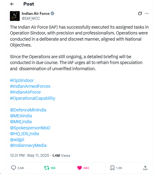 IPrabhakarSP's tweet photo. Operation Sindoor is still on going. ✌️✌️👍
Have faith and trust PM @narendramodi ji !
#OperationSindoor #OpSindoor
#IndianArmedForces
#IndianAirForce
#OperationalCapability
@DefenceMinIndia @MEAIndia @MIB_India @SpokespersonMoD @HQ_IDS_India @adgpi
@IndiannavyMedia https://t.co/pQ0lyjv33j