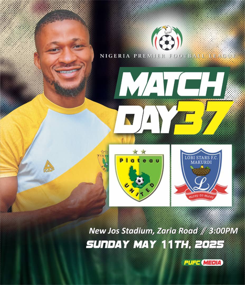 plateau_united's tweet photo. Our last home game on npfl25 beckons later today, Sunday May 11,2025.
Kickoff time is 3pm in conformity with NPFL' S mandated kickoff timing across all NPfl Match Day 37 Schedules.
#NPFL25
#PLALOB
#PEACEBOYS https://t.co/R4SOqsWnqI