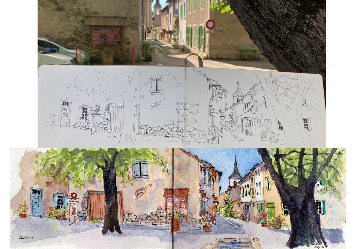 Sketching in Durfort, beautiful historic village at the foot of the Black mountains.  Pen and watercolour in stitched A5 watercolour sketch pad #sketchbook #urbansketcher #urbansketchers #sketch #urbansketch #sketchtravel #usk #landscapepainting  #watercolour #thedailysketch