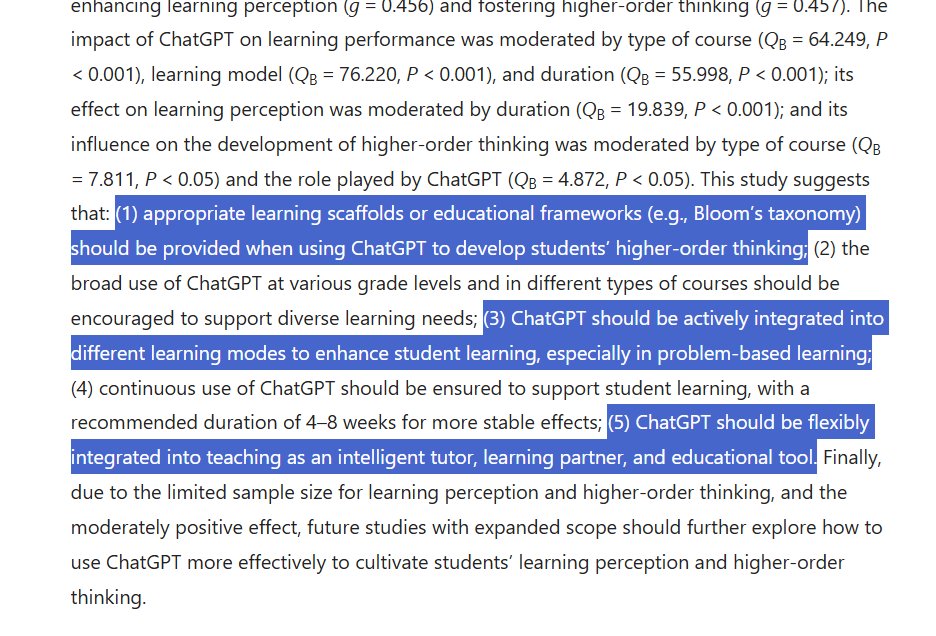 Studi baru published di Nature

Ini sinyal kuat kalau LLM seperti ChatGPT sebenarnya bisa positif untuk belajar, asalkan poin 1-3-5 di bawah terpenuhi &amp; AInya ngga sekedar kasih jawaban kalau ditanya

Somebody please build an AI tutor startup for Indonesia 🙏🏻

Paper link below 👇🏻