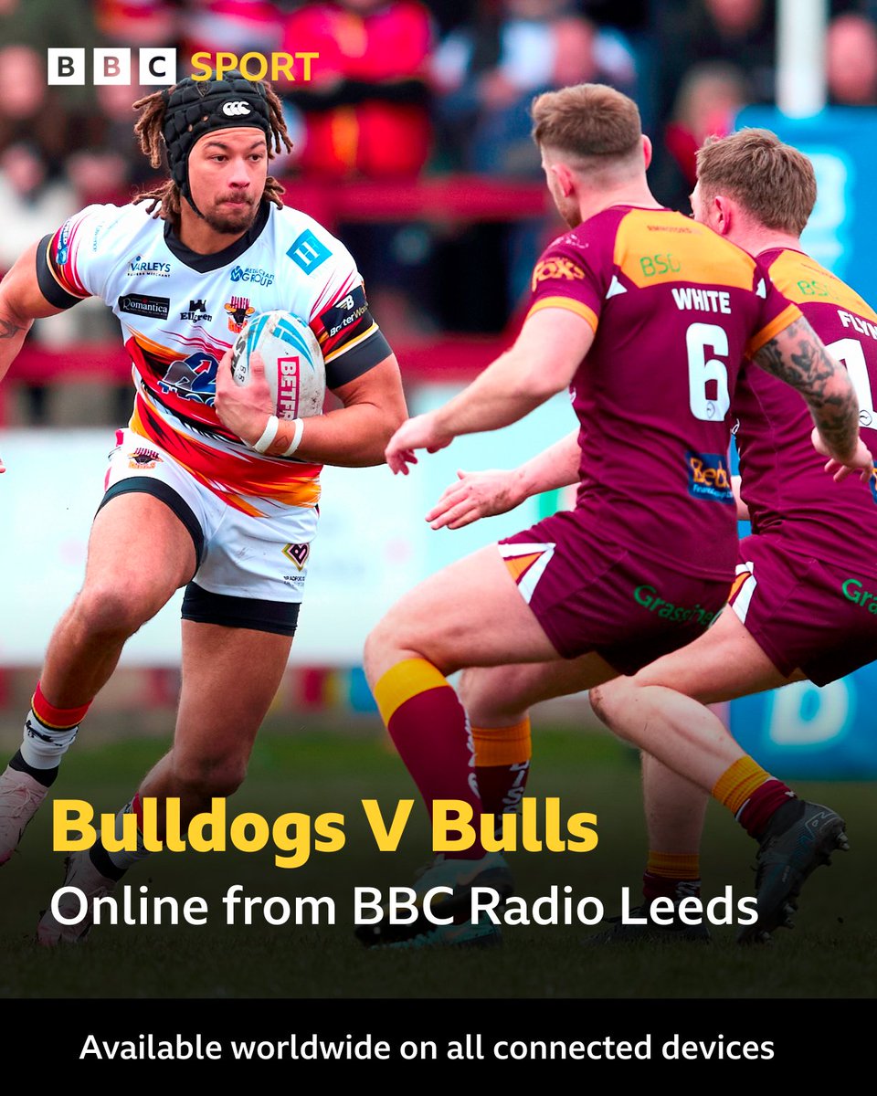 BBC Sport West Yorkshire (@bbcwys) on Twitter photo ๐จ ON NOW!
๐ <a href="/BatleyRLFC/">Batley Bulldogs RLFC</a> V <a href="/OfficialBullsRL/">Bradford Bulls</a> (3pm ko)
๐ Full commentary
๐ฃ <a href="/GrahamC41/">Graham Colley</a> & Barry Eaton
๐ Online worldwide from <a href="/BBCLeeds/">BBC Leeds</a> on all connected devices from 2.50pm
๐ง tinyurl.com/3ukd344m
#BBCRL ๐จ ON NOW!
๐ <a href="/BatleyRLFC/">Batley Bulldogs RLFC</a> V <a href="/OfficialBullsRL/">Bradford Bulls</a> (3pm ko)
๐ Full commentary
๐ฃ <a href="/GrahamC41/">Graham Colley</a> & Barry Eaton
๐ Online worldwide from <a href="/BBCLeeds/">BBC Leeds</a> on all connected devices from 2.50pm
๐ง tinyurl.com/3ukd344m
#BBCRL