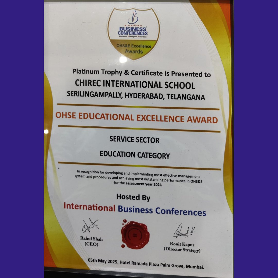 ChirecSchool's tweet image. CHIREC International School, Serilingampally, wins the IBC’s OHSE Platinum Award! A proud moment reflecting our Culture of Care and commitment to safety, well-being & excellence.
#OHSEExcellence #PlatinumAwardWinner #ProudMoment #CongratulationsTeam #CHIREC #InternationalSchool