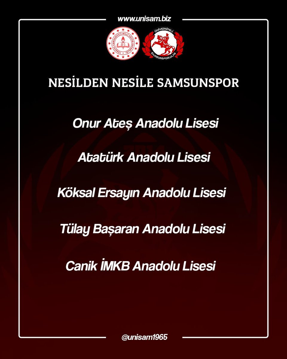 "NESİLDEN NESİLE SAMSUNSPOR " PROJEMİZ BAŞLIYOR.

"Bu Şehrin Çocukları Samsunsporludur." mottosuyla vereceğimiz konferansların okulları belirlenmiştir. Tarihler belirlendikçe sosyal medya hesaplarımızdan duyuracağız. 

Sosyal medya hesaplarımızdan bizi takip ederek projemizle