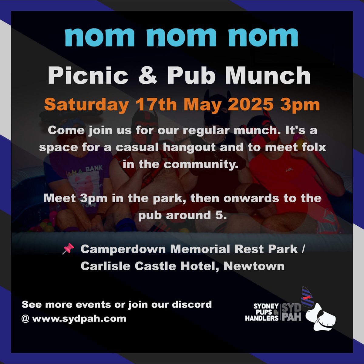 MUNCH THIS WEEKEND! 

Come hang out in the the park. Newcomers very welcome!  

📅 3pm Sat 17th May 
📍Camperdown Memorial Rest Park, Newtown  Followed by Carlisle Hotel around 5pm.  

Boop you there!  🐾