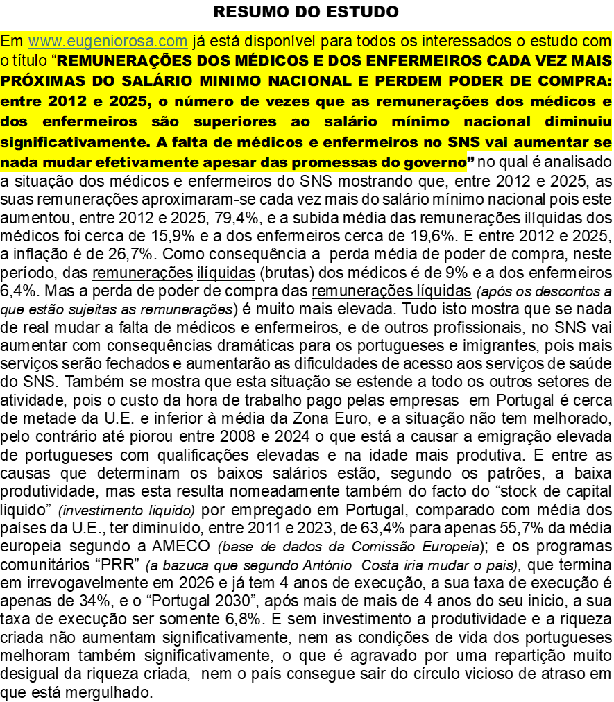 Num estudo disponivel gratuitamente em ww.eugeniorosas.com para interessados (o resumo está a seguir), indico algumas das causas da falta de médicos e enfermeiros no SNS. Se não forem tomadas medidas  para inverter a situação, o acesso aos serviços do SNS será ainda + dificil