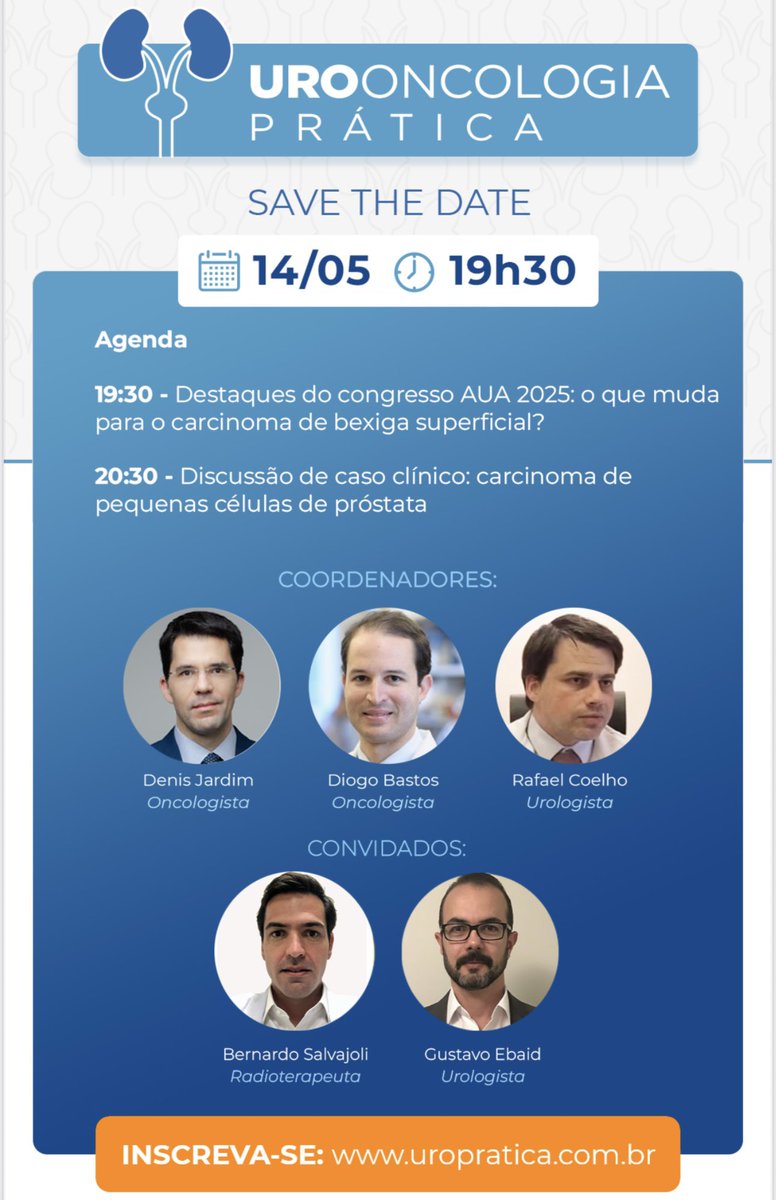 Let’s debate the most important and practice changing data presented during #AUA25 ! 
👉05/14/25 ⏰7:30 pm (GMT-3)  
<a href="/DiogoAssed/">Diogo Assed Bastos</a> <a href="/RafaelFCoelho2/">Rafael Coelho</a> <a href="/docmeetings/">@DocMeetings - Urology</a> <a href="/DocmeetingsOnco/">DocMeetings_Oncology</a>
Online and free: uropratica.com.br