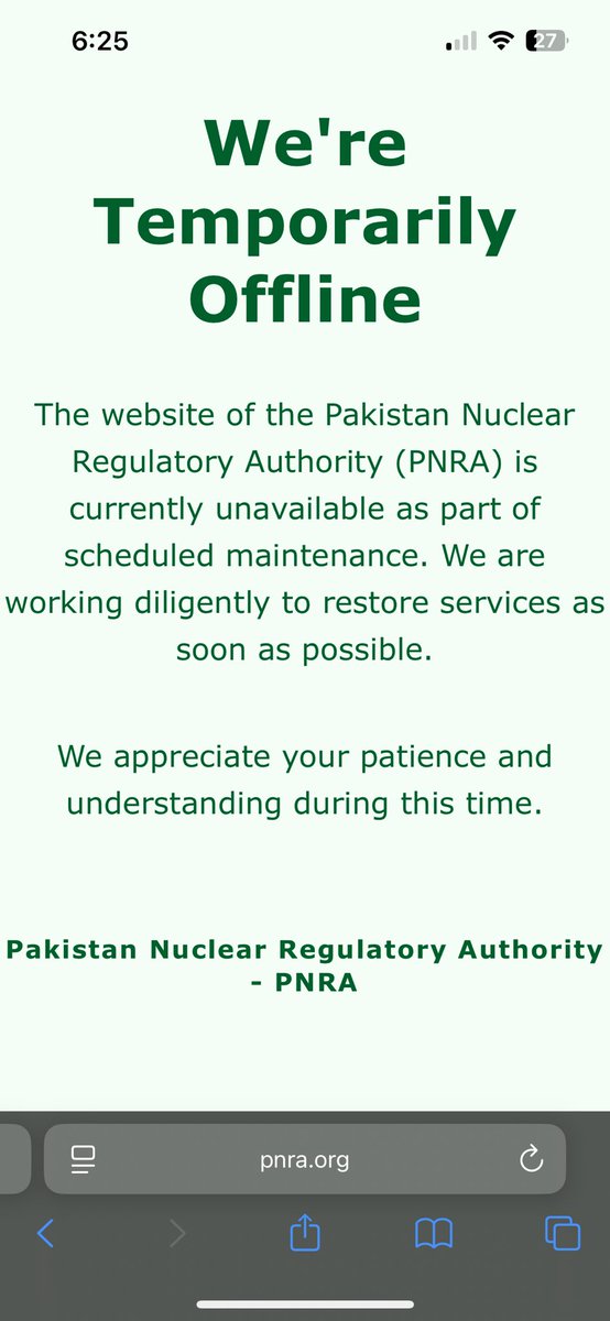 DaisyBlooming31's tweet photo. Breaking News : 

Pakistan’s nuclear regulatory authority website is down. 

#IndiaPakistanWar2025 #IndiaPakistanTensions #IndiaPakistanCeasefire #IndiaPakWar https://t.co/QIoTU7st15