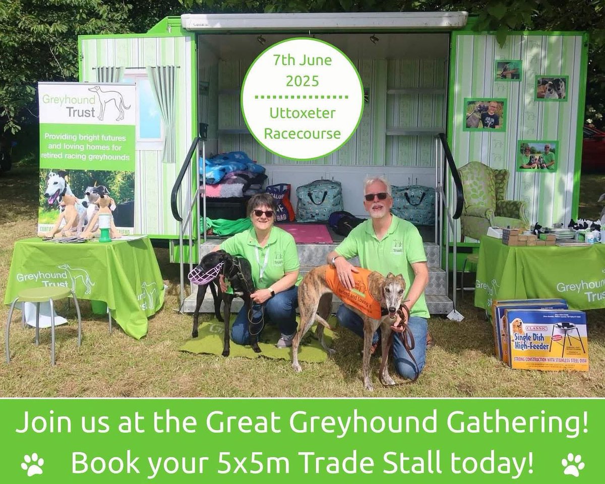 Greyhound Trust (@greyhoundtrust) on Twitter photo 💚🐾 Calling all traders! 🐾💚
5x5m stall space for just £50
🔌 Need power? It’s available for £12!
Enjoy FREE camping the night before and after – £12 extra for electric hook-up. Please note, camping is basic (toilet and pitch only, no showers).
steve.white@greyhoundtrust.org.uk 💚🐾 Calling all traders! 🐾💚
5x5m stall space for just £50
🔌 Need power? It’s available for £12!
Enjoy FREE camping the night before and after – £12 extra for electric hook-up. Please note, camping is basic (toilet and pitch only, no showers).
steve.white@greyhoundtrust.org.uk