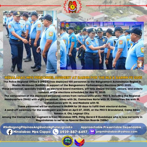 MinalabacPNP's tweet photo. Ang mga tauhan na ito ay itatalaga sa BARMM sa loob ng 20 araw upang tuparin ang kanilang mga tungkulin sa elektoral.
Isang send-off ceremony para sa contingent ang ginanap noong Abril 27, 2025, sa PRO 5 Grandstand, Camp BGen Simeon A. Ola, Legazpi City. https://t.co/zsrrt9VEkH