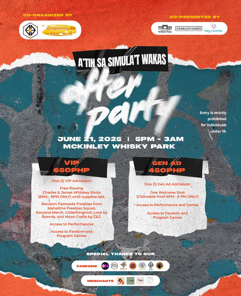 Hoy po! Dungka? DITO KA!

Huy! Huy! Huy! Tara na’t magtipon sa A’TIN SA SIMULA AT WAKAS AFTER PARTY para malaman kung anong pakiramDAM na magsaya buong gabi! 💠🩵

VIP — 650PHP
🍎 One (1) VIP Admission
🍎 Free-flowing Charles &amp; James Whiskey Shots (6PM to 9 PM ONLY)
🍎 Random