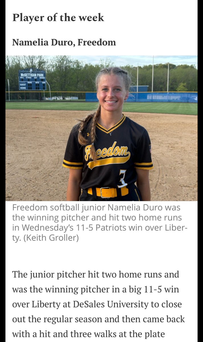 Namelia Duro (2026) (MIF/OF/RHP) (@duro_namelia7) on Twitter photo I am incredibly thankful to be named Morning Calls player of the week!
<a href="/NwDuro/">NW Explosion 18u Elite</a> <a href="/fhssportsBASD/">Freedom High School Athletics</a> <a href="/FH_softball/">Freedom Softball</a> <a href="/Delaware_SB/">Delaware Softball</a> <a href="/DelValSB/">DelVal Softball</a> <a href="/mulesoftball/">Muhlenberg Softball</a> <a href="/MasonSoftball/">George Mason Softball</a> <a href="/JMUSoftball/">JMU Softball</a> <a href="/DirectRecruits/">Direct Recruits</a> <a href="/TopPreps/">College Coach / College Scout / College Recruiter</a> <a href="/FastpitchAthRec/">Fastpitch Athlete Recruits</a> I am incredibly thankful to be named Morning Calls player of the week!
<a href="/NwDuro/">NW Explosion 18u Elite</a> <a href="/fhssportsBASD/">Freedom High School Athletics</a> <a href="/FH_softball/">Freedom Softball</a> <a href="/Delaware_SB/">Delaware Softball</a> <a href="/DelValSB/">DelVal Softball</a> <a href="/mulesoftball/">Muhlenberg Softball</a> <a href="/MasonSoftball/">George Mason Softball</a> <a href="/JMUSoftball/">JMU Softball</a> <a href="/DirectRecruits/">Direct Recruits</a> <a href="/TopPreps/">College Coach / College Scout / College Recruiter</a> <a href="/FastpitchAthRec/">Fastpitch Athlete Recruits</a>