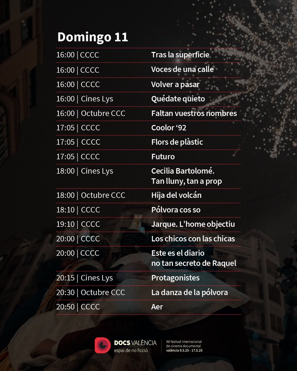 DocsValencia (@docsvalencia) on Twitter photo 🔴 Domingo de cine en vena
🧨 Maratón de cortos en el <a href="/centredelcarme/">CCCC Centre del Carme Cultura Contemporània</a>
🎬 Estrenos potentes en @CinesLys y <a href="/OctubreCCC/">OctubreCCC</a>
🍿 Tú traes las ganas, nosotros el mejor plan
docsvalencia.com/programa-2025/ 🔴 Domingo de cine en vena
🧨 Maratón de cortos en el <a href="/centredelcarme/">CCCC Centre del Carme Cultura Contemporània</a>
🎬 Estrenos potentes en @CinesLys y <a href="/OctubreCCC/">OctubreCCC</a>
🍿 Tú traes las ganas, nosotros el mejor plan
docsvalencia.com/programa-2025/