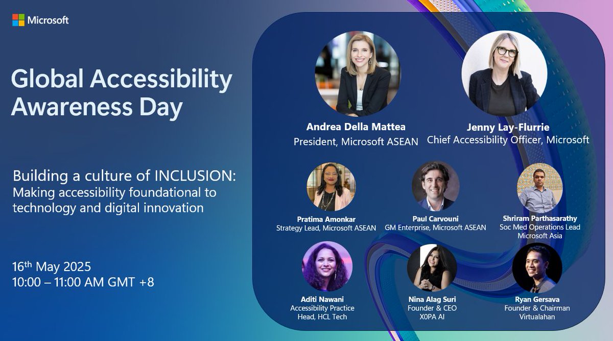 🌍 Join us for Global Accessibility Awareness Day 2025!
📅 May 16 | 🕙 10–11 AM GMT+8
💻 Microsoft Teams
🔗 Register: shorturl.at/53Y6S

Let’s make accessibility foundational. #GAAD2025 #InclusionMatters