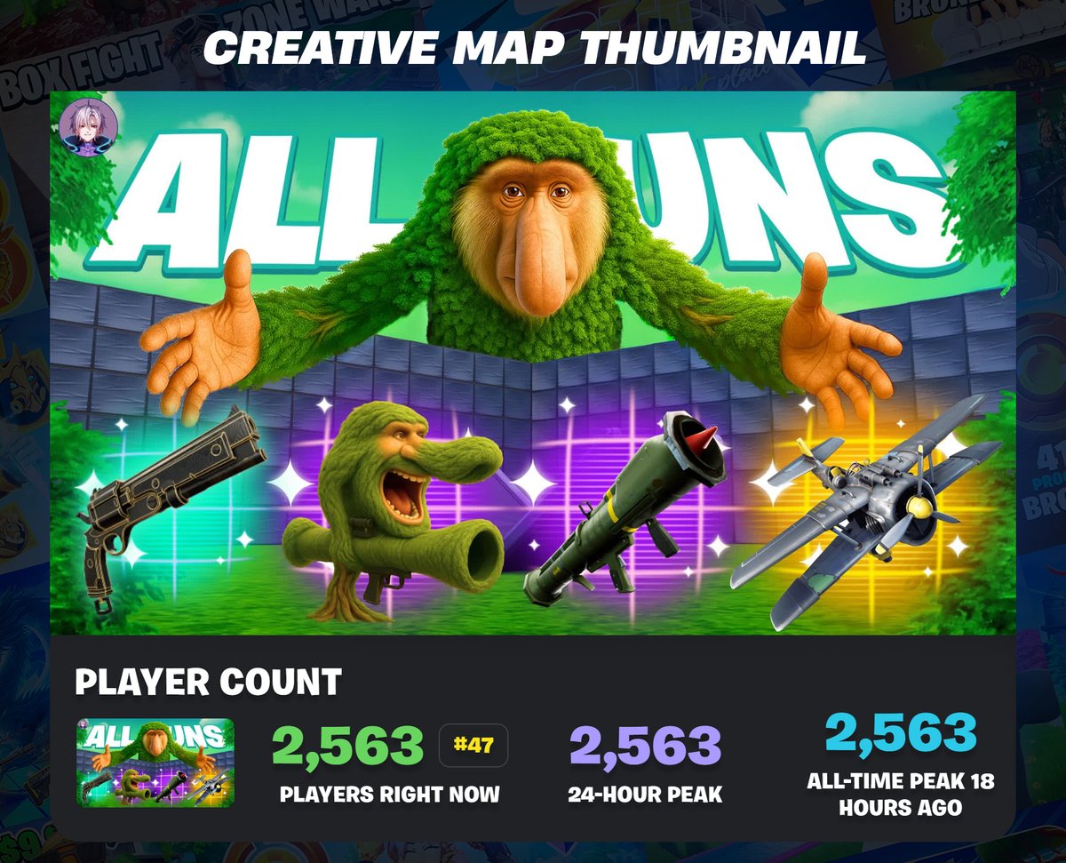 ALL GUNS Creative Map Thumbnail

Support is appreciated 🪩

#Fortnite #FortniteArt #Fortniteleaks