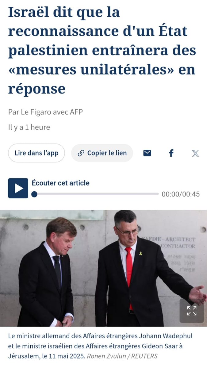 Il aura fallu un génocide pour que des pays européens envisagent de reconnaître un état palestinien. Je ne pense pas qu'ils reculeront devant les menaces de "mesures unilatérales" d'Israël, par la voix de Gideon Saar, qui a même l'audace de prétendre que ce serait un obstacle à