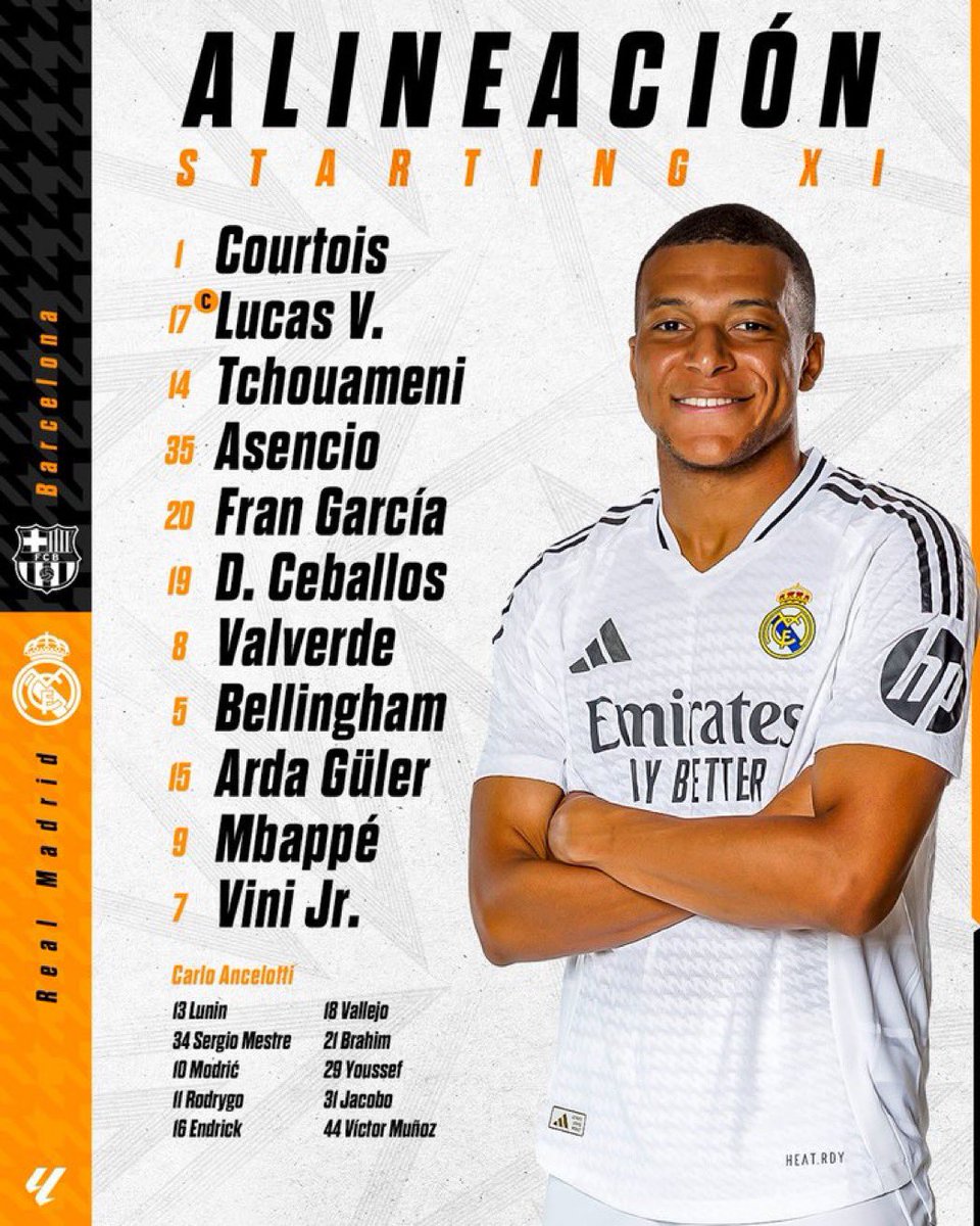 fcenterx's tweet photo. FC Barcelona XI ! 

Szczesny
Cubarsi
Martinez
Ferran 
Pedri
Raphina
Lamine Yamal
Olmo
F. De Jong
Eric
Gerard Martin

Real Madrid XI 🔥

Courtois
Lucas V.
Tchouameni
Asencio
Fran Garcia
D. Ceballos
Valverde
Bellingham
ARDA GÜLER 
Mbappe
Vini Jr.

#ElClasico #BarcaRealMadrid https://t.co/OpyDi7tuvX