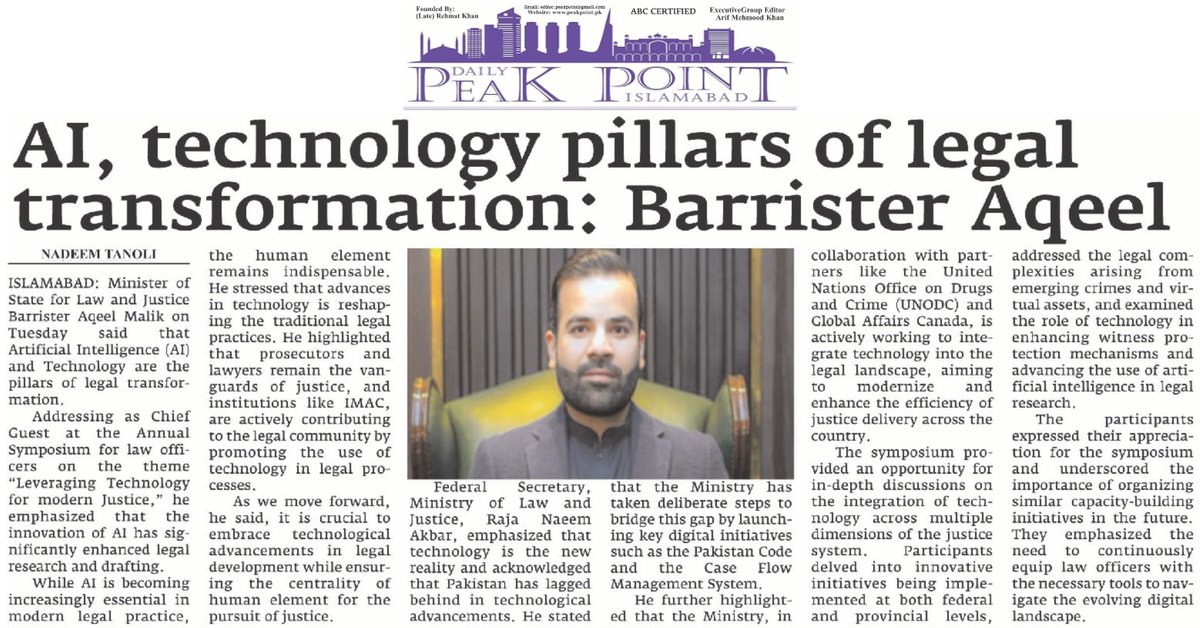 nadeemtanoli11's tweet image. AI and Tech Drive Legal Reform, Says Barrister Aqeel at Justice Symposium

#LegalInnovation #AIinLaw #JusticeTechnology #DigitalJustice #LegalReformPakistan #AqeelMalik #ModernLegalSystem #IMACInitiatives #LawAndTechnology #NadeemTanoli