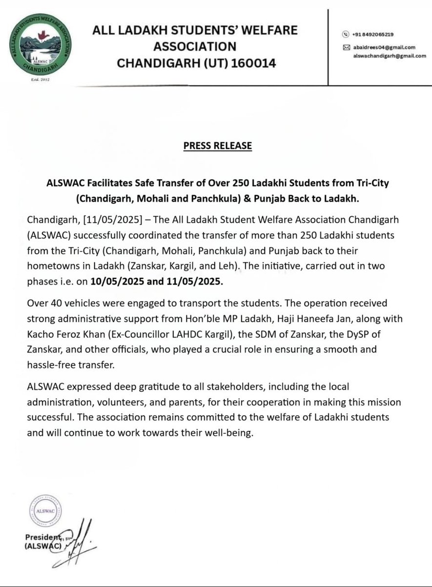 Heartfelt gratitude to MP Ladakh Haji Hanifa Jan, Ex-Councillor Kacho Freoz Khan, SDM Zanskar, DySP Zanskar, and all officials for their swift action in evacuating Ladakhi students from chd,Tricity ,punjab &amp; Dehradun. Your timely support is deeply appreciated.