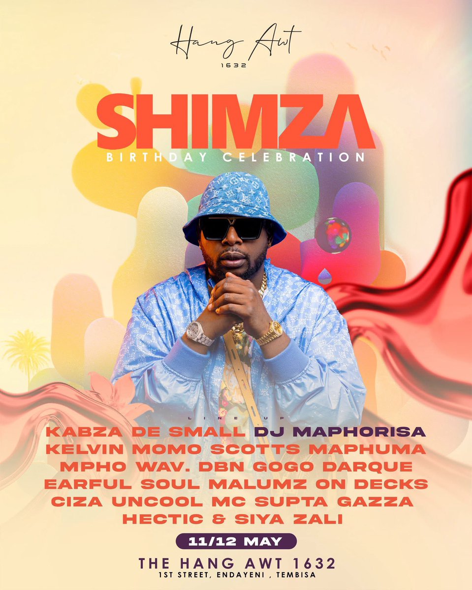 thehangawt's tweet photo. Today we celebrate Shimza! 🥳🥳 A 2 day mazza🔥🔥Make sure you make your way to the HangAwt. It’s going to be a good time 🔥🥂
#NeverMissAShimzaParty #onlyathangawt #HangAwt1632 #Tembisa1632 https://t.co/jeo3IgQ7B1