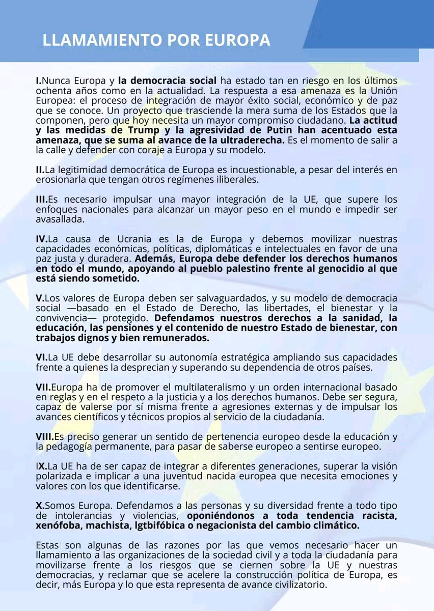“Hay que fortalecer la democracia, la convivencia y la fraternidad, y a ello estamos apelados como ciudadanía europea. 

Por eso nos manifestamos”.

infolibre.es/opinion/plaza-…

🗣️<a href="/UnaiSordo/">Unai Sordo</a> en <a href="/_infoLibre/">infoLibre</a> ante la concentración hoy domingo por Europa en Callao.

#SomosEuropa