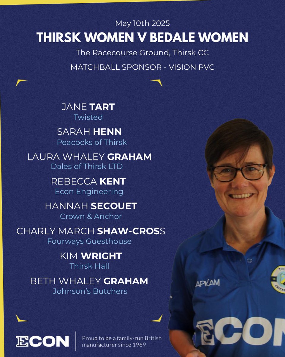 The Women’s Team take on Bedale Cricket Club today. Match starts at 2pm and it looks like it’ll be a belter! Matchball is kindly sponsored by Vision PVC #WeAreThirsk