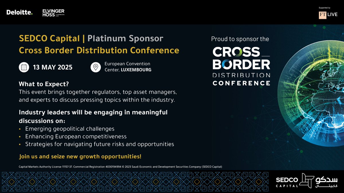 #SEDCOCapital is the Platinum Sponsor of the 13th Cross Border Distribution Conference, organized by <a href="/Deloitte/">Deloitte</a> and Elvinger Hoss Prussen, with the support of <a href="/ftlive/">Financial Times Live</a> .
 
🗓️ Join us on May 13, and seize new growth opportunities!
Learn more:cross-border.lu
