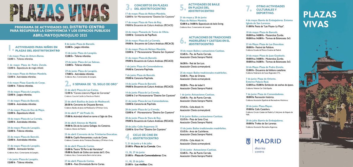 seguragc's tweet photo. 📢 #PlazasVivas vuelve al #DistritoCentro hasta julio.

🎸 Segunda edición del ciclo de #microconciertos “Destino San Cayetano” en #Lavapiés 

Actividades infantiles, actuaciones de las #CasasRegionales, exhibiciones de chotis y cine de verano. 

👉 https://t.co/vDmevVtbP0 https://t.co/CgJYWNAULR