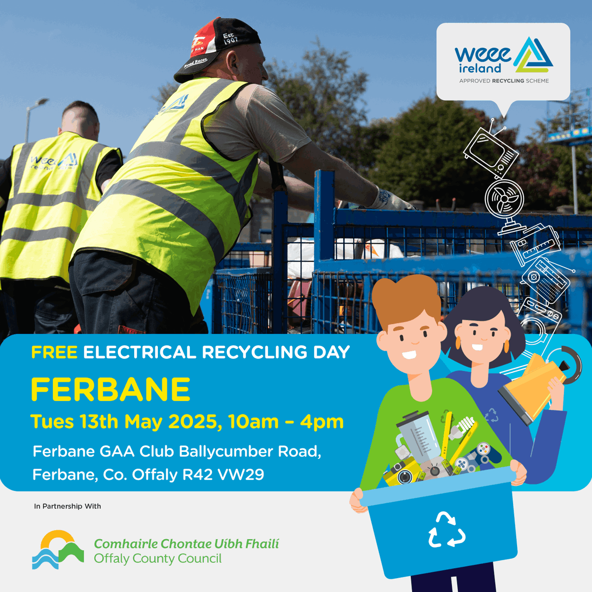 WEEE Ireland (@weeeireland) on Twitter photo Your next FREE collection for all WEEE items is in Ferbane, Co. Offaly at the Ferbane GAA Club this Tues, 13th May from 10am - 4pm!
WEEE recycle anything from your household with a plug or battery!
👇
weeeireland.ie/household-recy…
<a href="/KMKMetals/">KMK Metals Recycling</a> <a href="/MyWasteIreland/">My Waste Ireland</a> Your next FREE collection for all WEEE items is in Ferbane, Co. Offaly at the Ferbane GAA Club this Tues, 13th May from 10am - 4pm!
WEEE recycle anything from your household with a plug or battery!
👇
weeeireland.ie/household-recy…
<a href="/KMKMetals/">KMK Metals Recycling</a> <a href="/MyWasteIreland/">My Waste Ireland</a>
