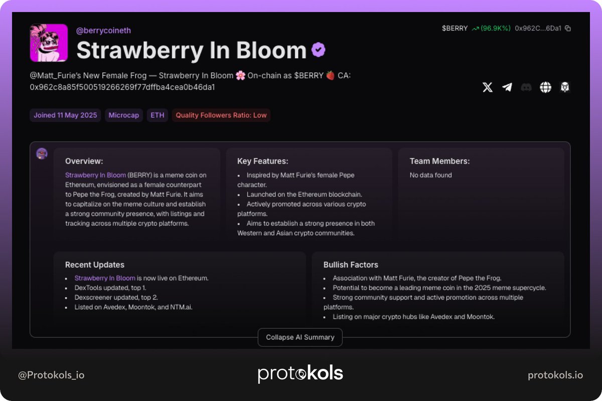 ProtoKOLs (@protokols_io) on Twitter photo Woke up, checked our AI Summary, and here’s what it says about <a href="/berrycoineth/">Strawberry In Bloom | ERC20 Token</a> 👀👇
- Hot narrative (already 4 coins deployed: 2 on ETH, 2 on Sol)
- Association with Matt Furie, the creator of Pepe the Frog
- Potential to become a leading meme coin in the 2025 meme supercycle Woke up, checked our AI Summary, and here’s what it says about <a href="/berrycoineth/">Strawberry In Bloom | ERC20 Token</a> 👀👇
- Hot narrative (already 4 coins deployed: 2 on ETH, 2 on Sol)
- Association with Matt Furie, the creator of Pepe the Frog
- Potential to become a leading meme coin in the 2025 meme supercycle