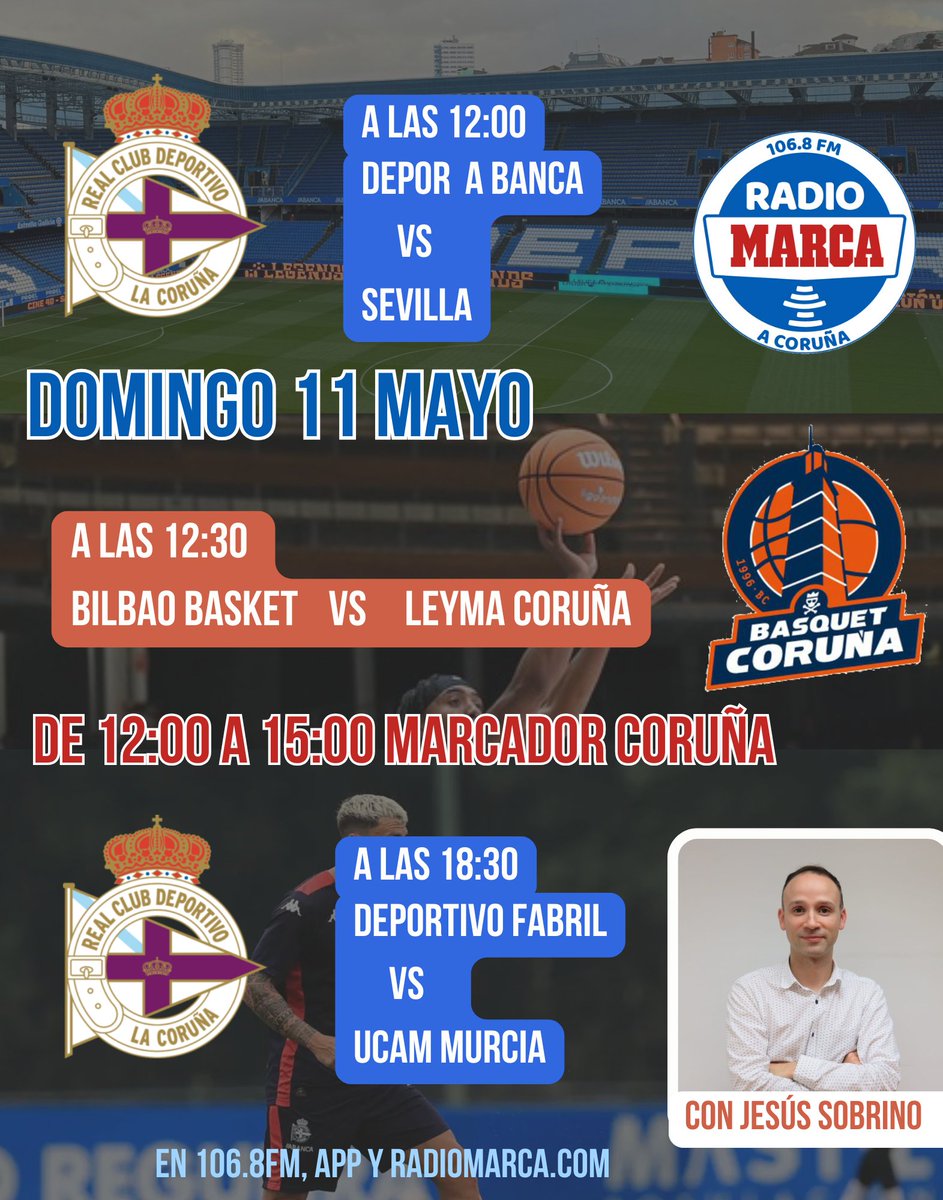 Hoy hay más deporte en directo en <a href="/rmarcacoruna/">Radio MARCA Coruña</a>. Empezamos a las 12.00 con el Depor A Banca-Sevilla y el <a href="/bilbaobasket/">Surne Bilbao Basket 😎</a> <a href="/basquetcoruna/">Leyma Basquet Coruña 🍊</a>. Por la tarde os contamos el <a href="/DeporCanteira/">Dépor Canteira</a> Fabril-<a href="/UCAMMurciaCF/">UCAM Murcia CF</a>. Síguenos en el 106.8 FM, app y web.