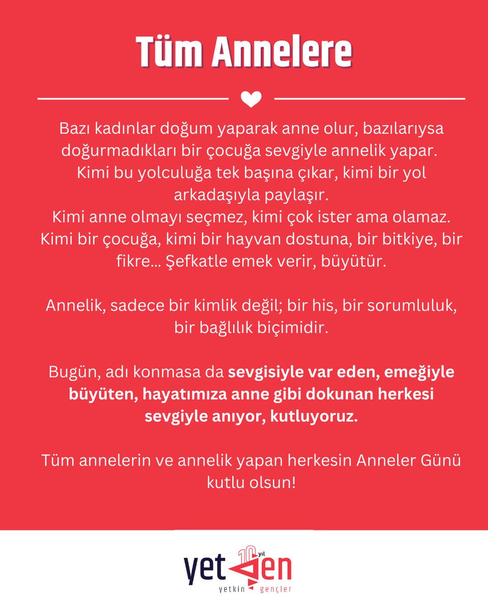 YetkinGencler's tweet photo. Annelik sadece doğurmak değil; sevgiyle büyütmek, emekle var etmek demek.
Bugün, adı “anne” olsun ya da olmasın, sevgisiyle hayatımıza dokunan, varlığıyla bizi büyüten herkesi sevgiyle anıyor, kutluyoruz. ♥️
#AnnelerGünü #YetkinGençler #YetGen https://t.co/SQ8B97WCRd