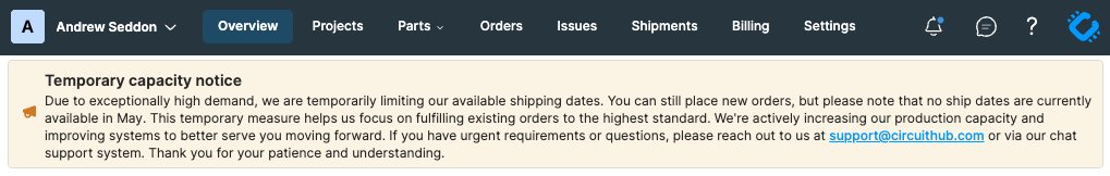 seddonandrew's tweet image. Unprecedented demand at CircuitHub. We've hit max capacity and are pausing new orders for May. It's a tough call, but we’re working around the clock to bring more capacity online. Hang tight 🔥