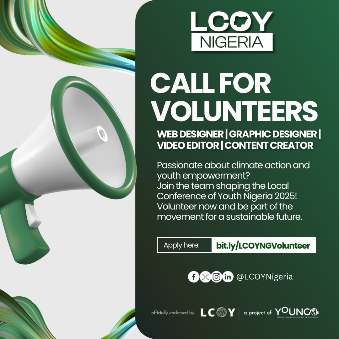 LCOY Nigeria (@lcoynigeria) on Twitter photo Calling all creatives!
Are you a Web Designer, Graphic Designer, Video Editor, or Content Creator passionate about climate action?
Join the dynamic team behind #LCOYNigeria2025 and help shape youth-led climate solutions.
Apply now: bit.ly/LCOYNGVolunteer
#LCOYNG2025 Calling all creatives!
Are you a Web Designer, Graphic Designer, Video Editor, or Content Creator passionate about climate action?
Join the dynamic team behind #LCOYNigeria2025 and help shape youth-led climate solutions.
Apply now: bit.ly/LCOYNGVolunteer
#LCOYNG2025