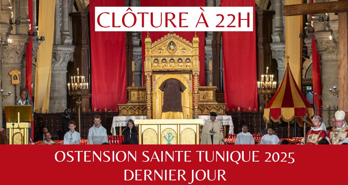 🔥 Dernier jour de l'Ostension 2025 🔥
Un dernier pas… un dernier regard vers la Sainte Tunique ✨!

✨Offices (Messe, Vêpres et Clôture) présidées par Mgr Benoît Bertrand, évêque de Pontoise 
Et vous, ➡️ vous venez quand ?
#ostension2025 #saintetunique