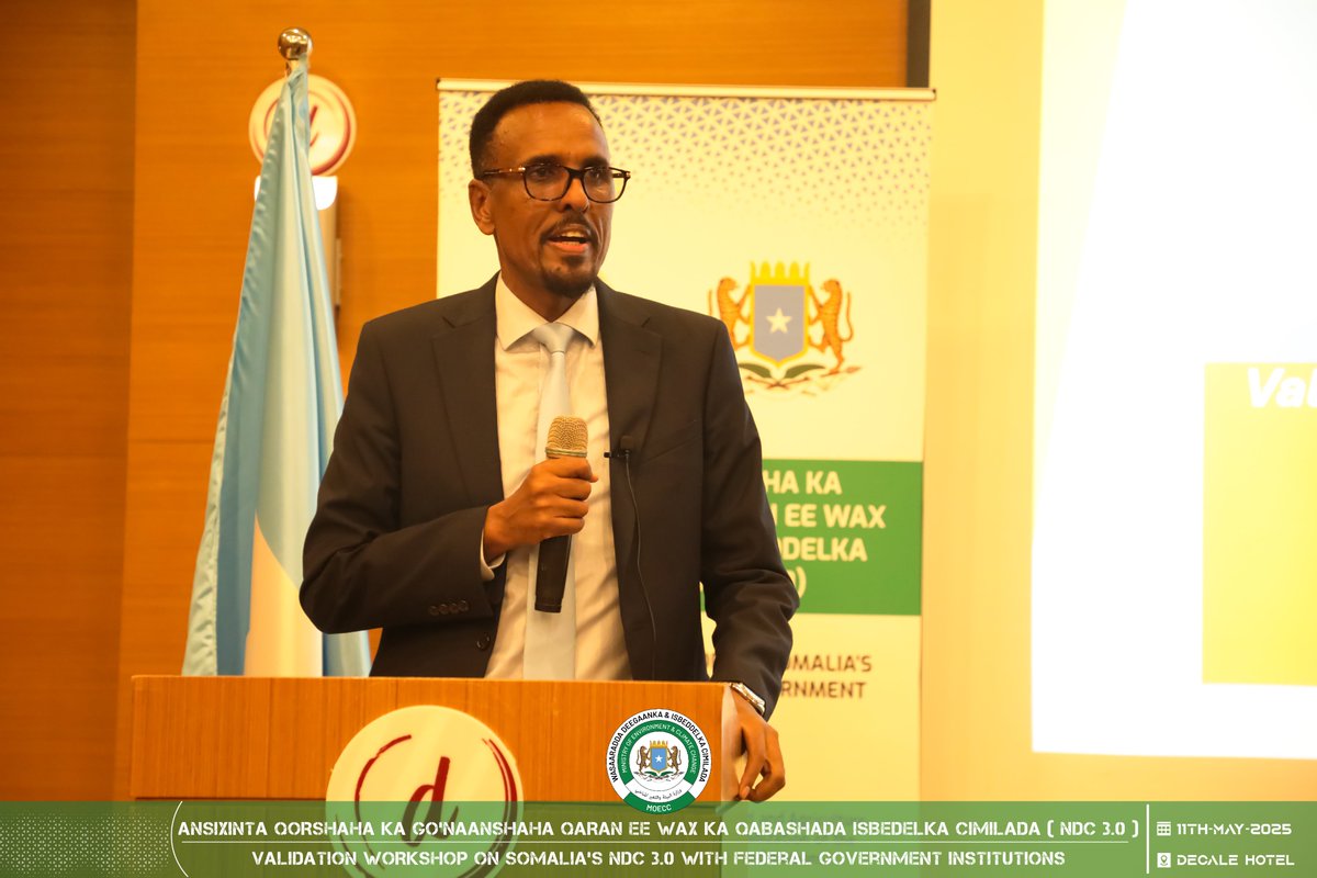 The Validation Workshop for Somalia's NDC 3.0 was officially opened today by H.E. <a href="/AhmedOmahamed/">Ahmed Mahamed</a> , State Minister of <a href="/moecc_Somalia/">Ministry of Environment & Climate Change 🇸🇴</a>.

He expressed pleasure in gathering for the endorsement and consultation on this Somali-led initiative, part of the National Transformation Plan