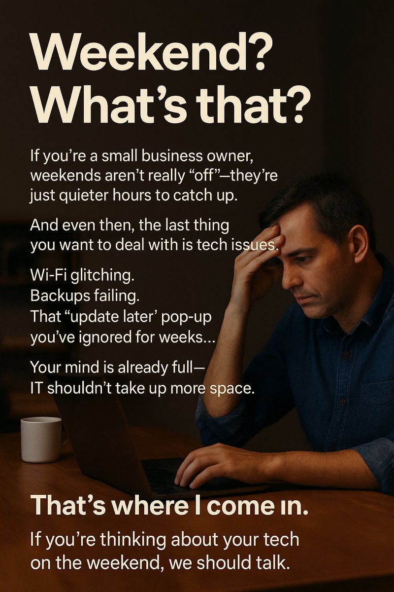 DigitalResLtd's tweet photo. Weekend? What’s that?

If you’re a small business owner, “time off” usually means catching up—and the last thing you want to deal with is tech issues.

If IT is on your mind this weekend, it’s time we talked.

#SmallBusiness #WeekendWork #ITSupport https://t.co/LDSbxpMHzb