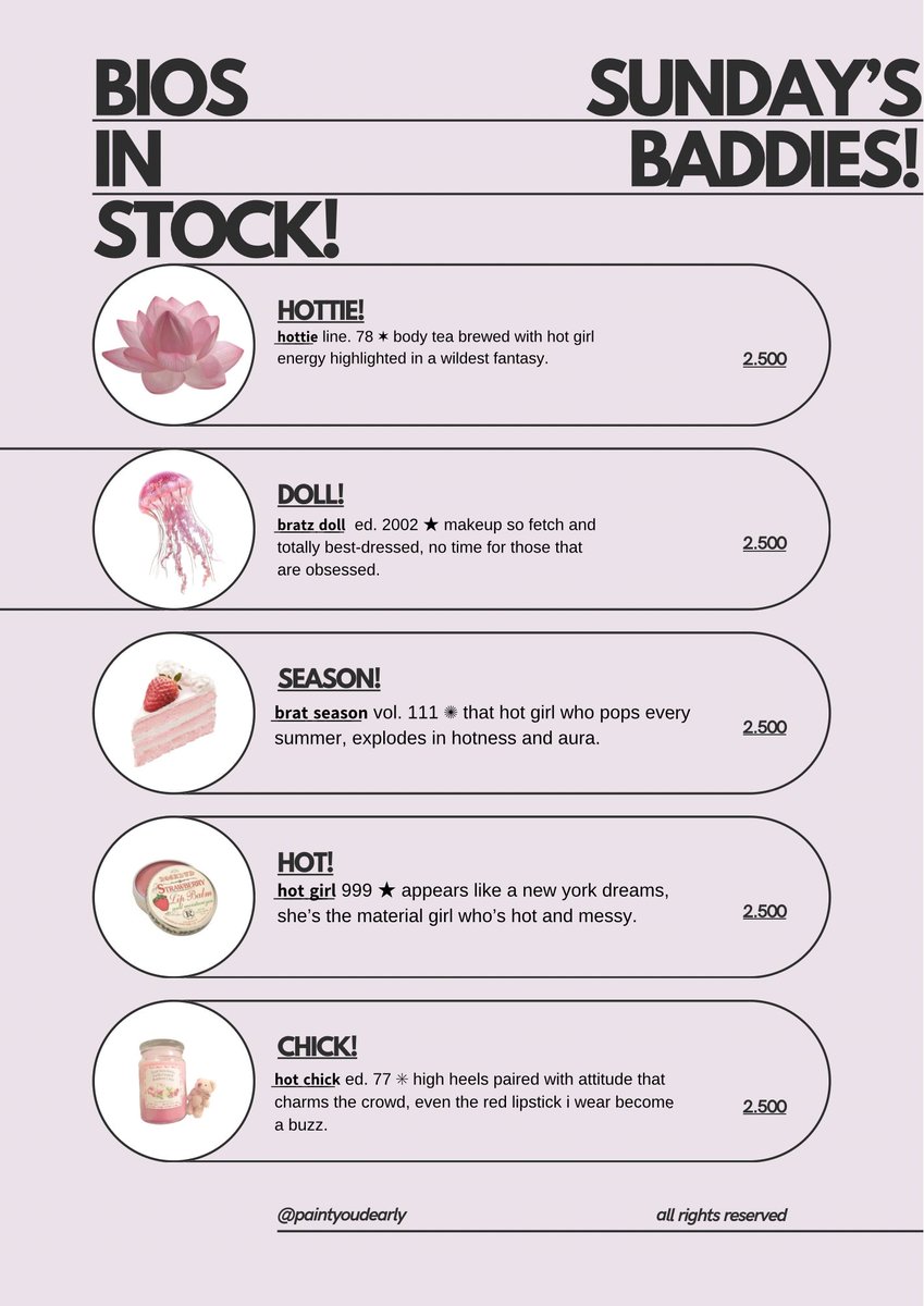 paintyoudearly's tweet image. 𓈒⠀⠀𓏸⠀⠀𓇼 a repost, please? thank you! ♡

happy sunday! aku punya bio wording ready stock baddies edition yang bisa diklaim sekarang juga. 🍧🎀

📝🧺 payment hanya lewat dana, gopay, dan spay. tidak tersedia QRIS. #zonauang