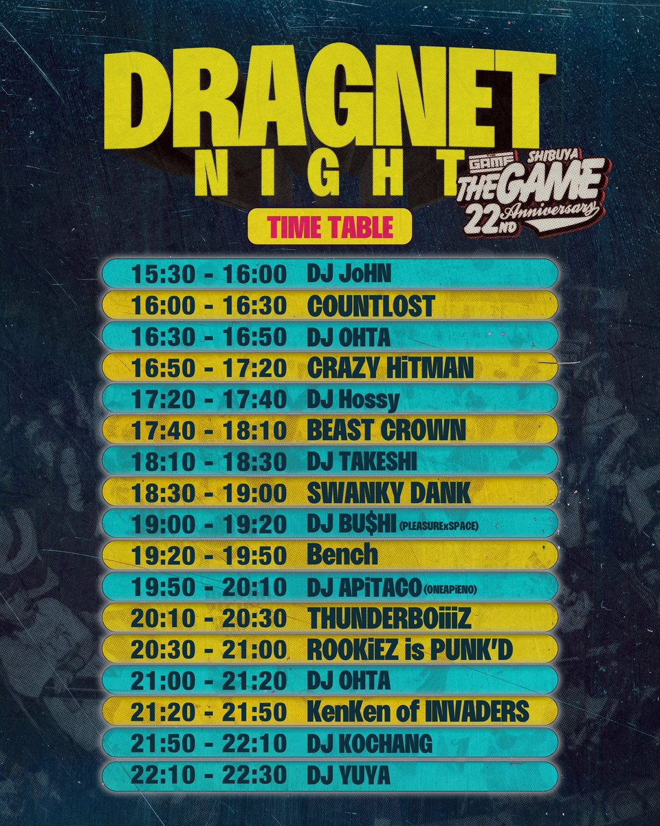 DJ_OHTA's tweet image. いよいよ今週末！
DRAGNET NIGHTタイムテーブル解禁！
渋谷THE GAMEの22周年を全力でお祝いします！
当日New T-shirtも数量限定で販売するので是非GETしてください！
遊びに来れる人は全力で楽しみましょう！

#shibuyathegame
#dragnet