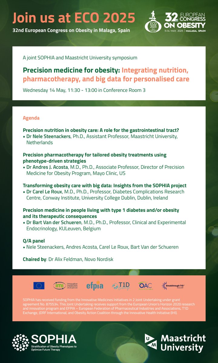 imisophia (@imisophia) on Twitter photo Join us for our #ECO2025 SOPHIA symposium! 📣
Hear <a href="/NeleSteenackers/">NeleSteenackers</a>, <a href="/dr_aac/">Andres Acosta</a>, <a href="/carel_leroux/">Carel Le Roux</a>
and <a href="/VDSchuerenBart/">Bart Van Der Schueren</a> discuss precision medicine for #obesity on Wednesday 14 May 11:30-13:00 in Conference Room 3 📅
See more here: imisophia.eu/ECO-2025-previ… Join us for our #ECO2025 SOPHIA symposium! 📣
Hear <a href="/NeleSteenackers/">NeleSteenackers</a>, <a href="/dr_aac/">Andres Acosta</a>, <a href="/carel_leroux/">Carel Le Roux</a>
and <a href="/VDSchuerenBart/">Bart Van Der Schueren</a> discuss precision medicine for #obesity on Wednesday 14 May 11:30-13:00 in Conference Room 3 📅
See more here: imisophia.eu/ECO-2025-previ…