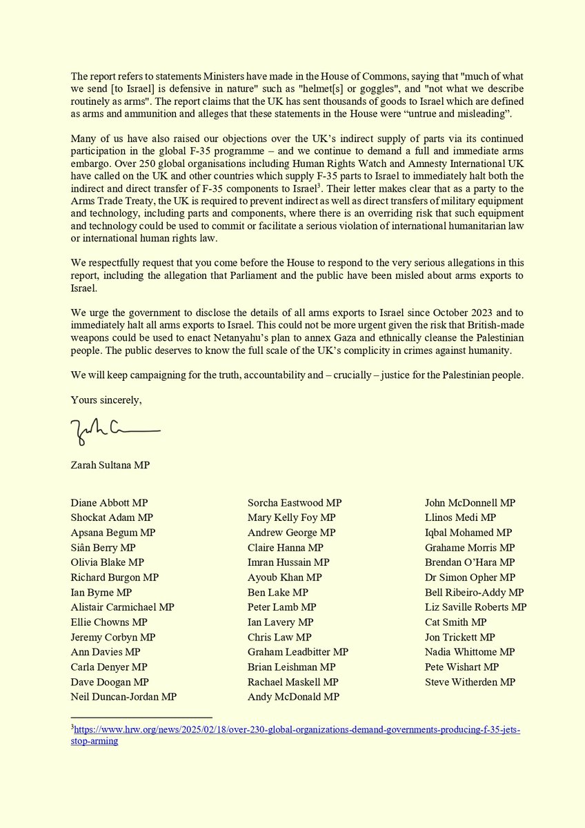 With over 40 MPs, I've written to the Foreign Secretary over worrying new evidence that the UK is still arming Israel in violation of its own arms ban.

The Government must respond in Parliament to these claims.

We need a full arms embargo on Israel to help stop the genocide.