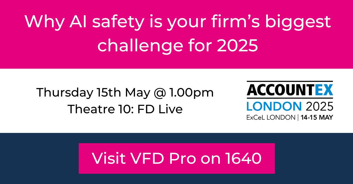 ⚠️ AI is powerful — and risky.

Join peter stiff at #Accountex to learn how to use AI safely in your firm, avoid pitfalls &amp; build a policy that protects your future.

🗓 May 15 | 1:00PM
📍 FD Live Theatre 10 | Sponsored by <a href="/VFDPro/">Virtual Finance Director (VFD Pro)</a> 

#Accountex #accounting #cpd